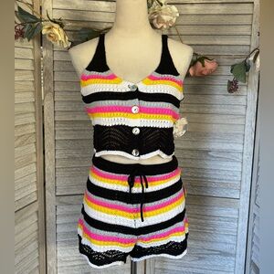 JOLIE & JOY Women’s SZ LG Crochet Crop Tank + Shorts Set,  Multi Color Striped